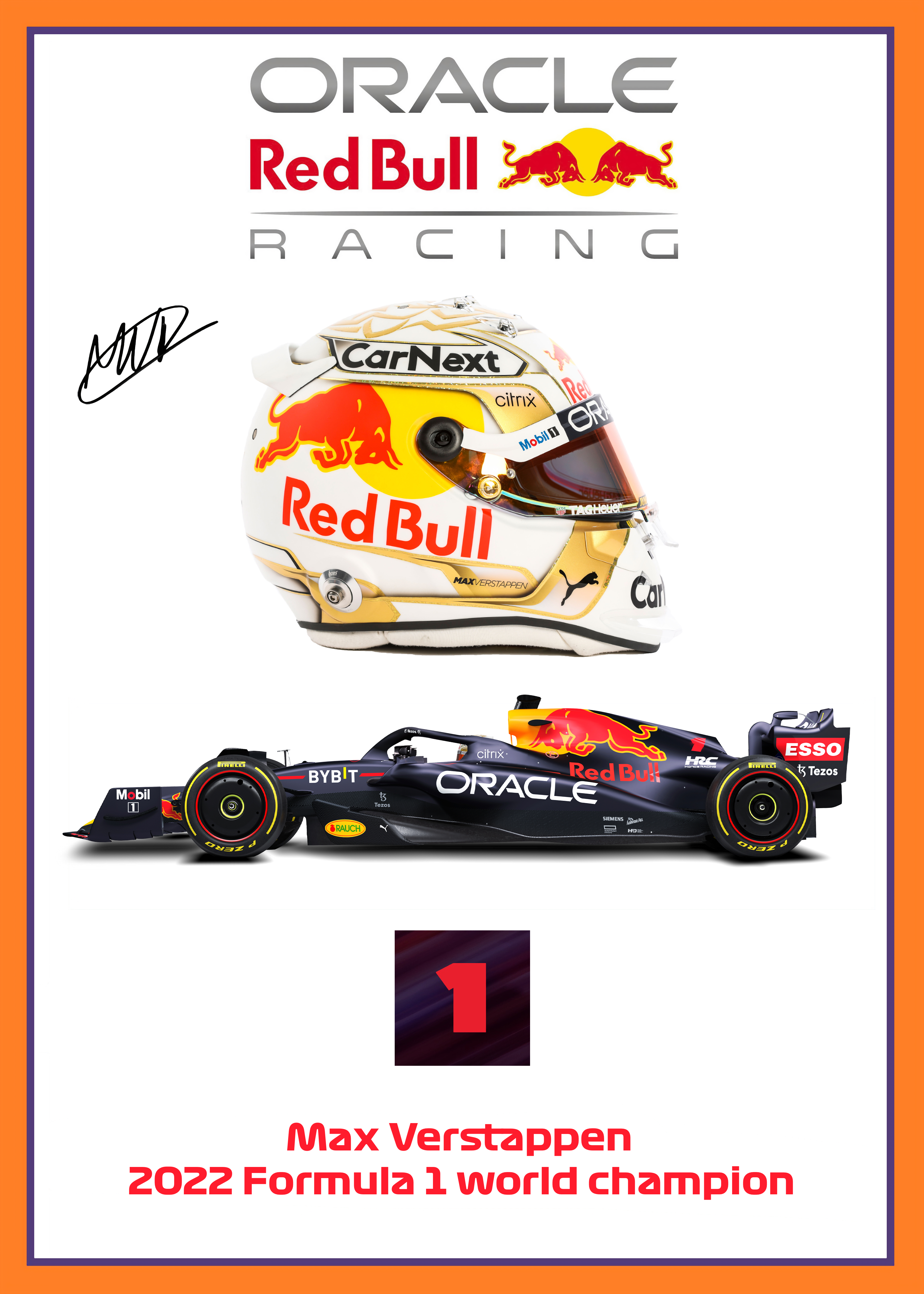 F1 Max Verstappen signed 2022 world champion helmet/CAR POSTER